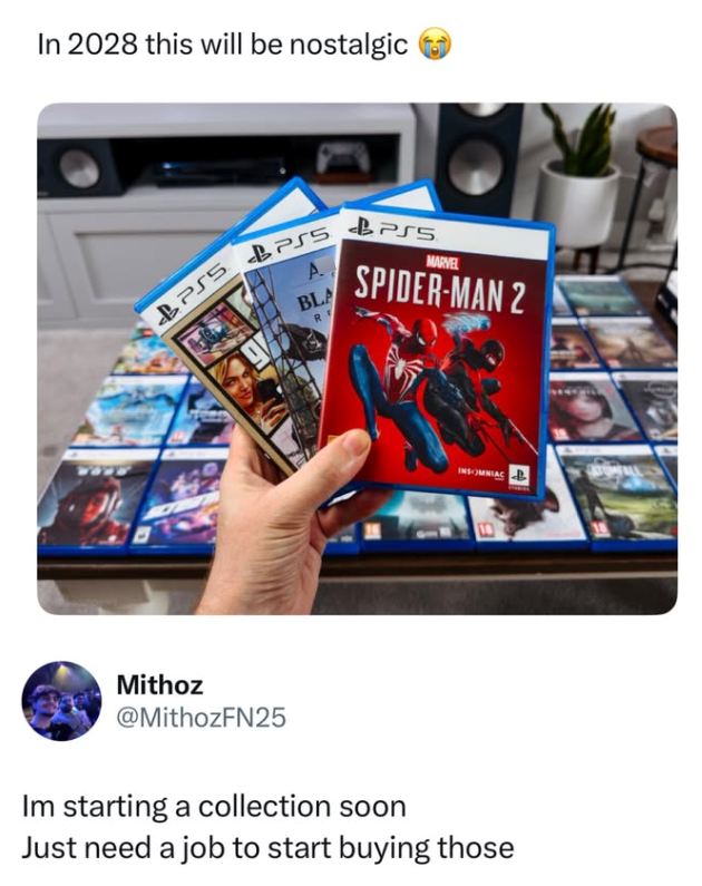 In 2028 this will be nostalgic BPS5 Mithoz @MithozFN25 BPSS A BLA RT PSS MARVEL SPIDER-MAN 2 TOFALL INSOMNIAC Im starting a collection soon Just need a job to start buying those