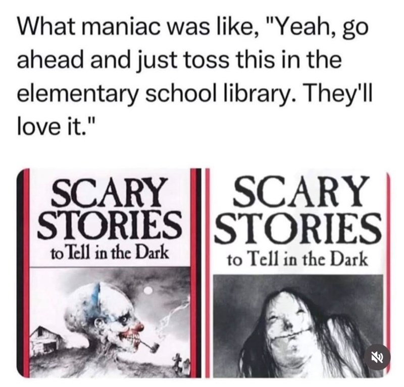 What maniac was like, "Yeah, go ahead and just toss this in the elementary school library. They'll love it." SCARY STORIES to Tell in the Dark SCARY STORIES to Tell in the Dark W
