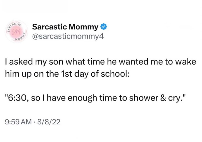SARCASTIC MOMMY Sm Sarcastic Mommy ❤ @sarcasticmommy4 I asked my son what time he wanted me to wake him up on the 1st day of school: "6:30, so I have enough time to shower & cry." 9:59 AM 8/8/22 •