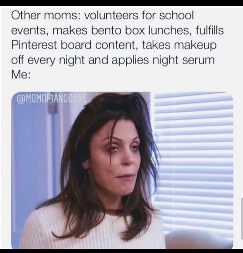 Other moms: volunteers for school events, makes bento box lunches, fulfills Pinterest board content, takes makeup off every night and applies night serum Me: @MOMOFIANDDONE