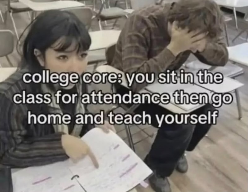 college core: you sit in the class for attendance then go home and teach yourself