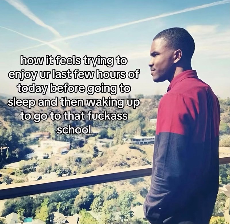how it feels trying to enjoy ur last few hours of today before going to sleep and then waking up to go to that fuckass school