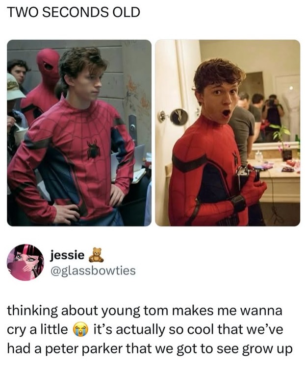 TWO SECONDS OLD jessie @glassbowties thinking about young tom makes me wanna cry a little it's actually so cool that we've had a peter parker that we got to see grow up