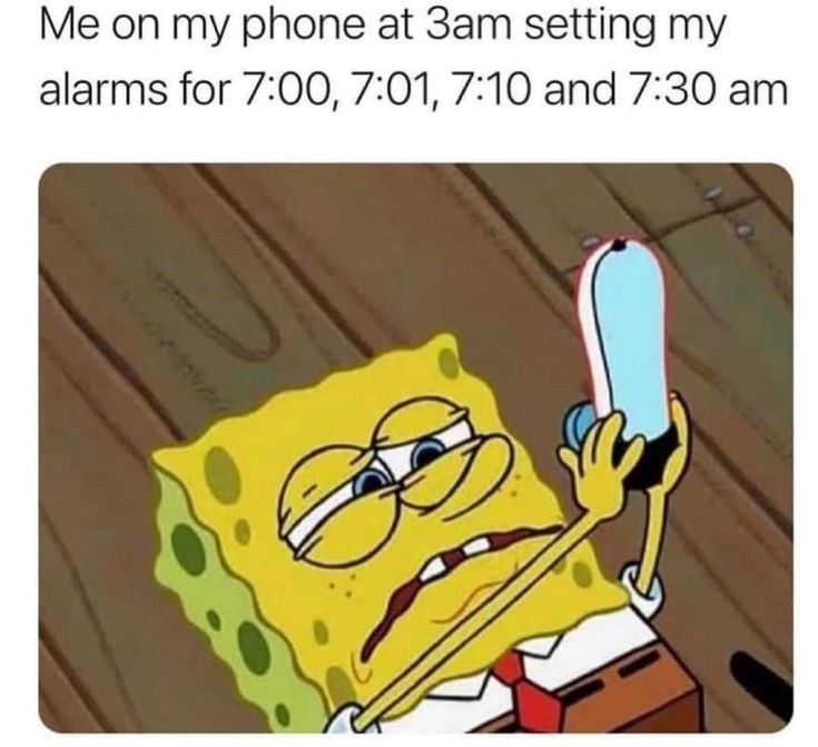 Me on my phone at 3am setting my alarms for 7:00, 7:01, 7:10 and 7:30 am