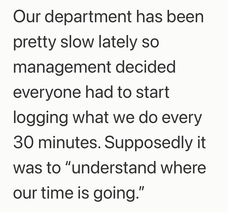 Our department has been pretty slow lately so management decided everyone had to start logging what we do every 30 minutes. Supposedly it was to "understand where our time is going."