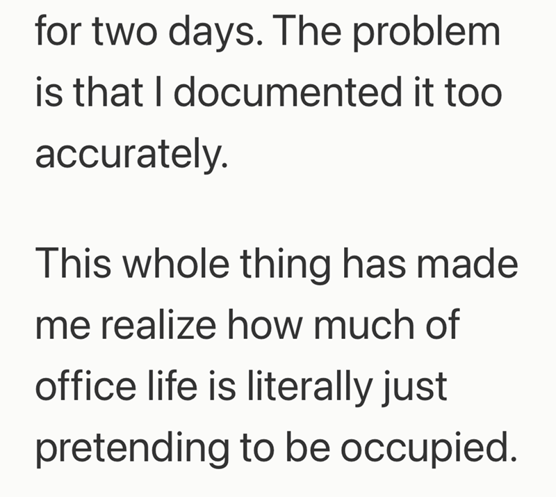 for two days. The problem is that I documented it too accurately. This whole thing has made me realize how much of office life is literally just pretending to be occupied.