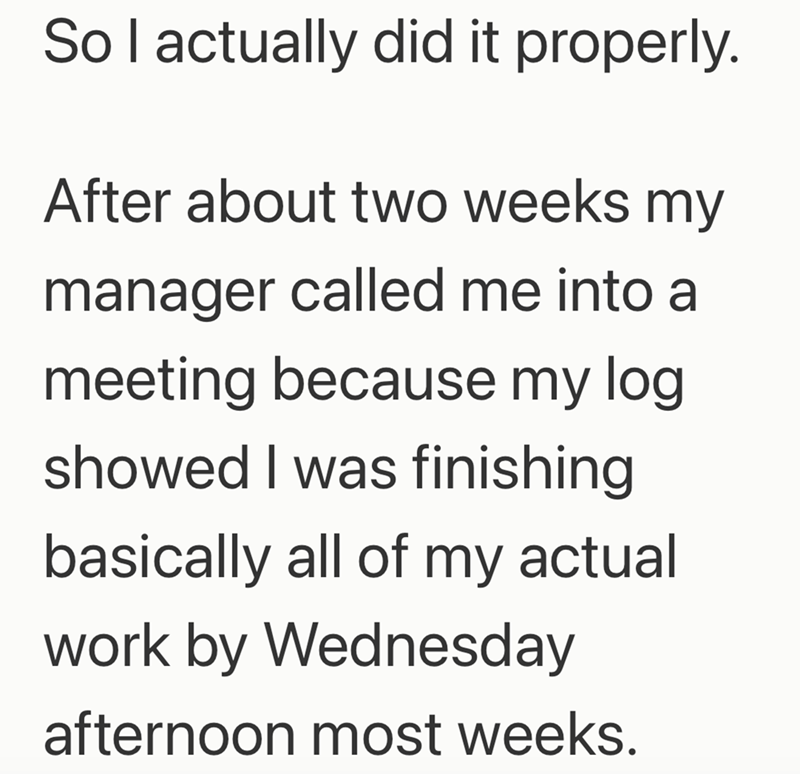 So I actually did it properly. After about two weeks my manager called me into a meeting because my log showed I was finishing basically all of my actual work by Wednesday afternoon most weeks.