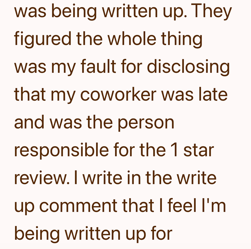 was being written up. They figured the whole thing was my fault for disclosing that my coworker was late and was the person responsible for the 1 star review. I write in the write up comment that I feel I'm being written up for