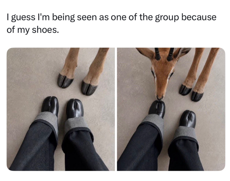 I guess I'm being seen as one of the group because of my shoes.