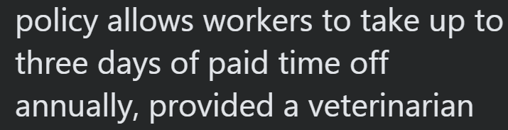 policy allows workers to take up to three days of paid time off annually, provided a veterinarian