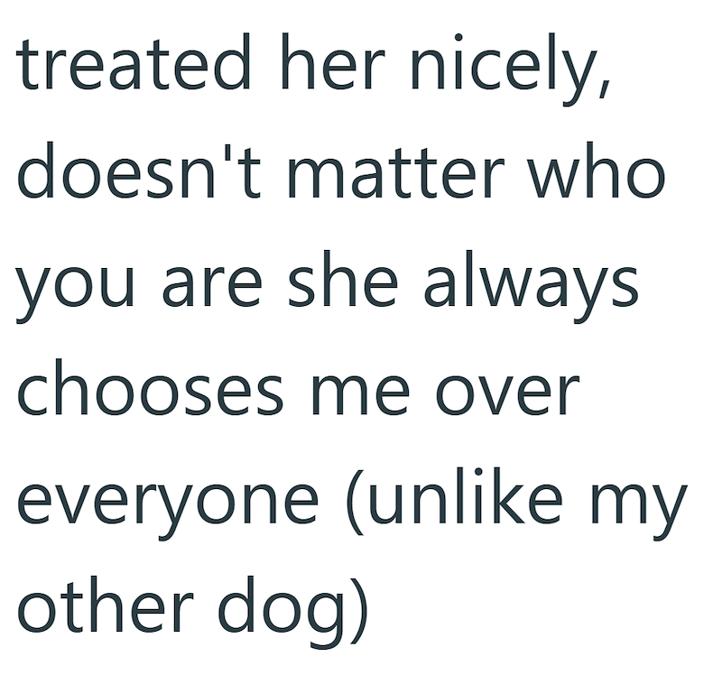 treated her nicely, doesn't matter who you are she always chooses me over everyone (unlike my other dog)