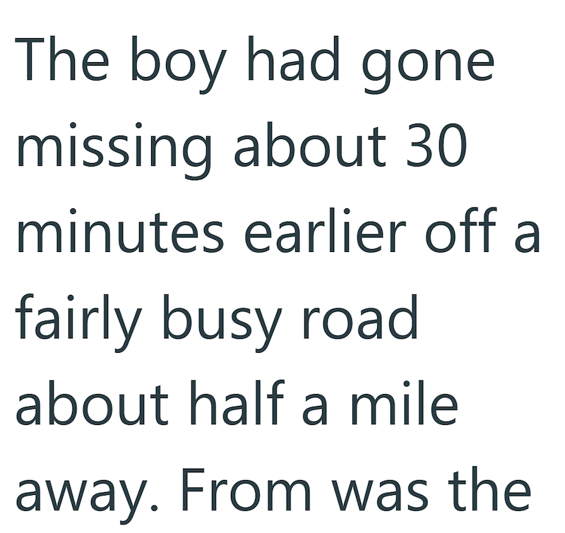 The boy had gone missing about 30 minutes earlier off a fairly busy road about half a mile away. From was the