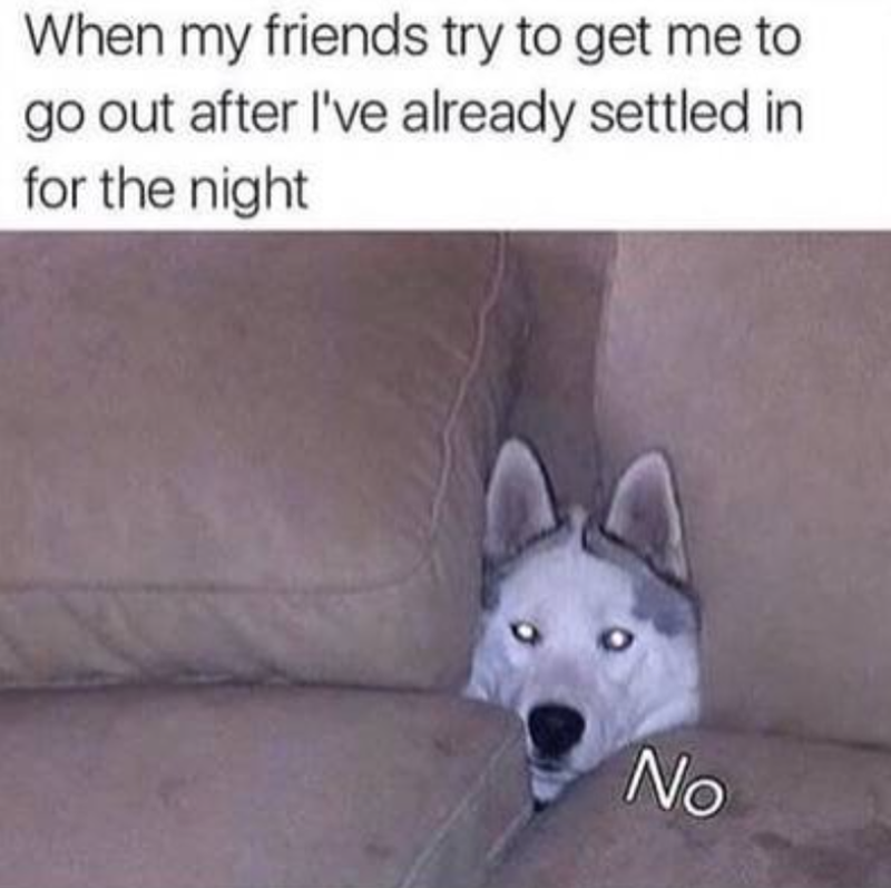 When my friends try to get me to go out after I've already settled in for the night No