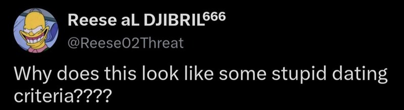Reese aL DJIBRIL666 @Reese02Threat Why does this look like some stupid dating criteria????