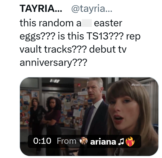 TAYRIA... @tayria... this random a easter eggs??? is this TS13??? rep vault tracks??? debut tv anniversary??? 0:10 From ariana♫ &NBC peacock