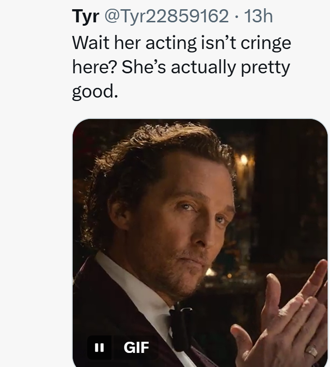 Tyr @Tyr22859162 · 13h Wait her acting isn't cringe here? She's actually pretty good. II GIF