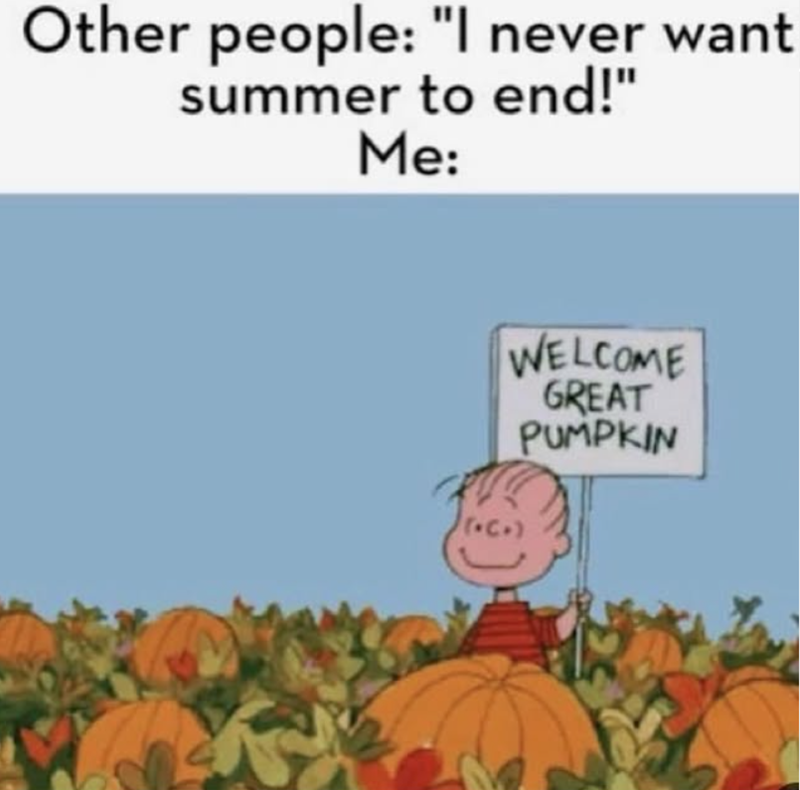 Other people: "I never want summer to end!" Me: (+C+) WELCOME GREAT PUMPKIN