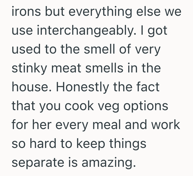 irons but everything else we use interchangeably. I got used to the smell of very stinky meat smells in the house. Honestly the fact that you cook veg options for her every meal and work so hard to keep things separate is amazing.