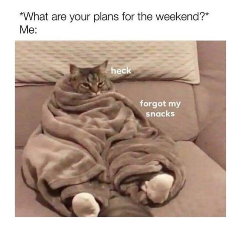 *What are your plans for the weekend?* Me: heck forgot my snacks