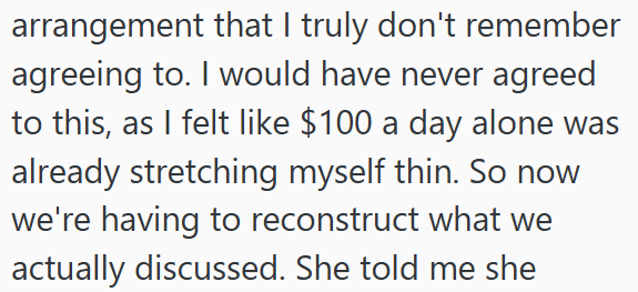 arrangement that I truly don't remember agreeing to. I would have never agreed to this, as I felt like $100 a day alone was already stretching myself thin. So now we're having to reconstruct what we actually discussed. She told me she