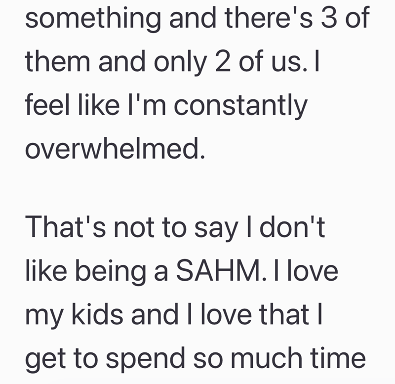 something and there's 3 of them and only 2 of us. I feel like I'm constantly overwhelmed. That's not to say I don't like being a SAHM. I love my kids and I love that I get to spend so much time