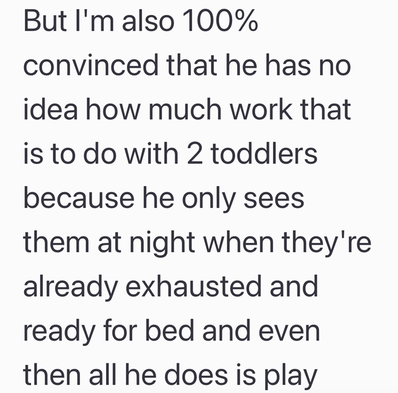 But I'm also 100% convinced that he has no idea how much work that is to do with 2 toddlers because he only sees them at night when they're already exhausted and ready for bed and even then all he does is play