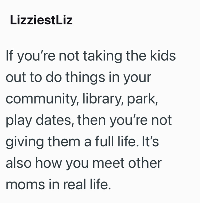 LizziestLiz If you're not taking the kids out to do things in your community, library, park, play dates, then you're not giving them a full life. It's also how you meet other moms in real life.