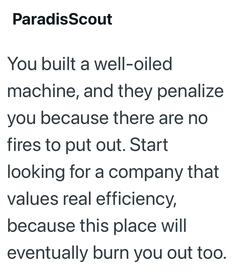 ParadisScout You built a well-oiled machine, and they penalize you because there are no fires to put out. Start looking for a company that values real efficiency, because this place will eventually burn you out too.