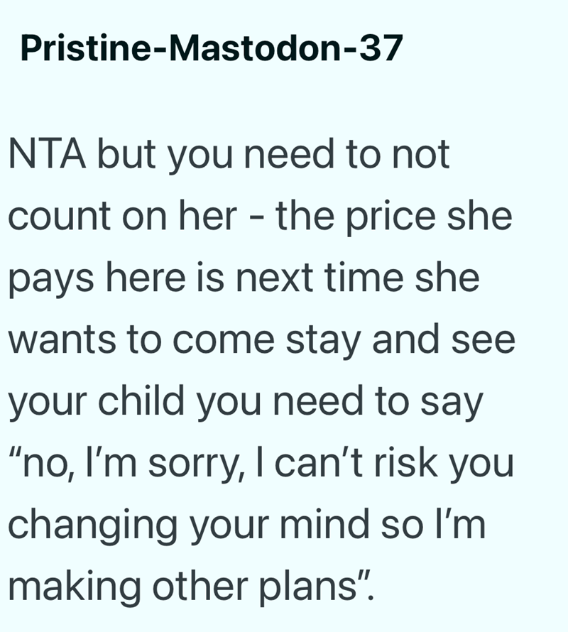 Pristine-Mastodon-37 NTA but you need to not count on her - the price she pays here is next time she wants to come stay and see your child you need to say "no, I'm sorry, I can't risk you changing your mind so I'm making other plans".