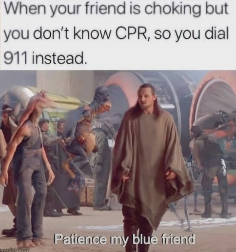 When your friend is choking but you don't know CPR, so you dial 911 instead. maflip.com Patience my blue friend