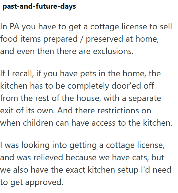 past-and-future-days In PA you have to get a cottage license to sell food items prepared / preserved at home, and even then there are exclusions. If I recall, if you have pets in the home, the kitchen has to be completely door'ed off from the rest of the house, with a separate exit of its own. And there restrictions on when children can have access to the kitchen. I was looking into getting a cottage license, and was relieved because we have cats, but we also have the exact kitchen setup I'd nee