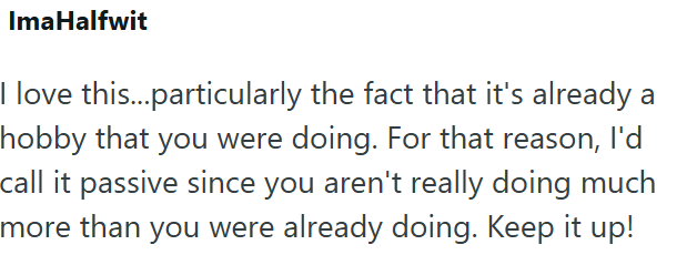 ImaHalfwit I love this...particularly the fact that it's already a hobby that you were doing. For that reason, I'd call it passive since you aren't really doing much more than you were already doing. Keep it up!