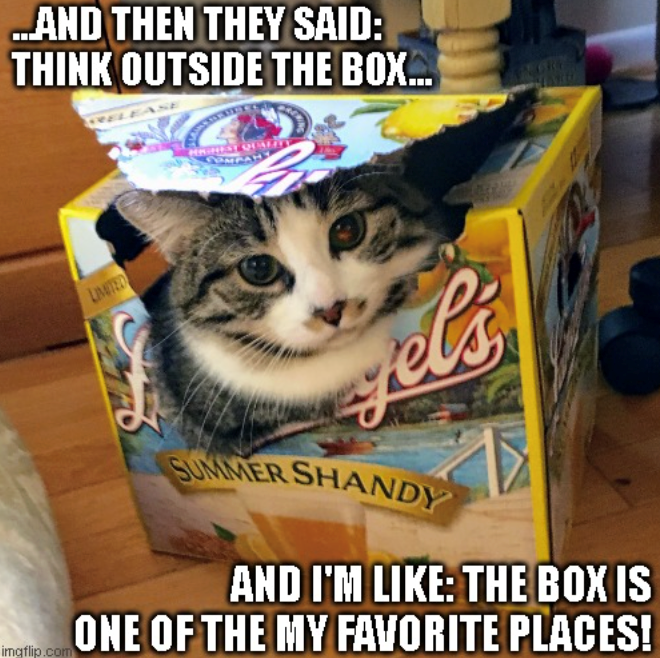 ...AND THEN THEY SAID: THINK OUTSIDE THE BOX... HRINEST QUALITY imgflip.com LIMITED gels SUMMER SHANDY AND I'M LIKE: THE BOX IS ONE OF THE MY FAVORITE PLACES!