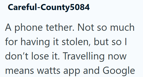 Careful-County5084 A phone tether. Not so much for having it stolen, but so I don't lose it. Travelling now means watts app and Google