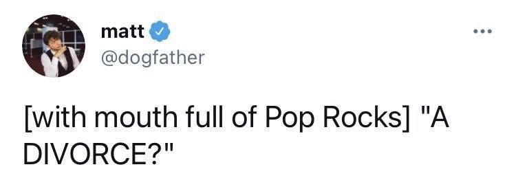 matt @dogfather [with mouth full of Pop Rocks] "A DIVORCE?"