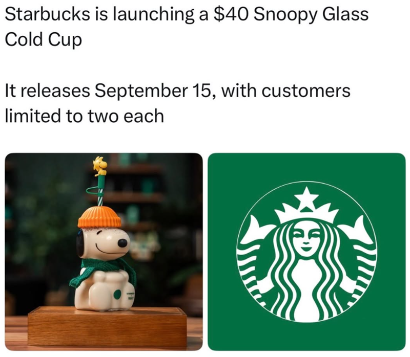 Starbucks is launching a $40 Snoopy Glass Cold Cup It releases September 15, with customers limited to two each