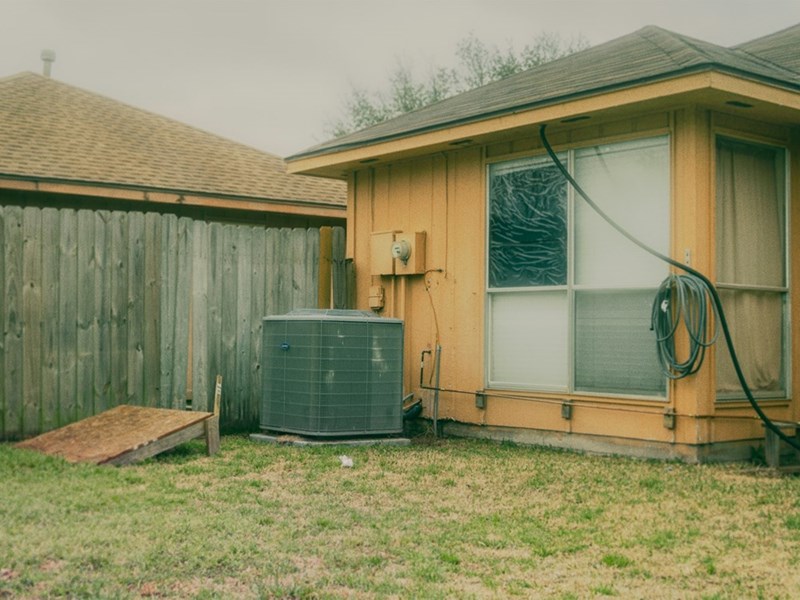 A Texas house with a rough-looking lawn bakes in the sun.