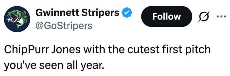 Gwinnett Stripers @GoStripers Follow ChipPurr Jones with the cutest first pitch you've seen all year.