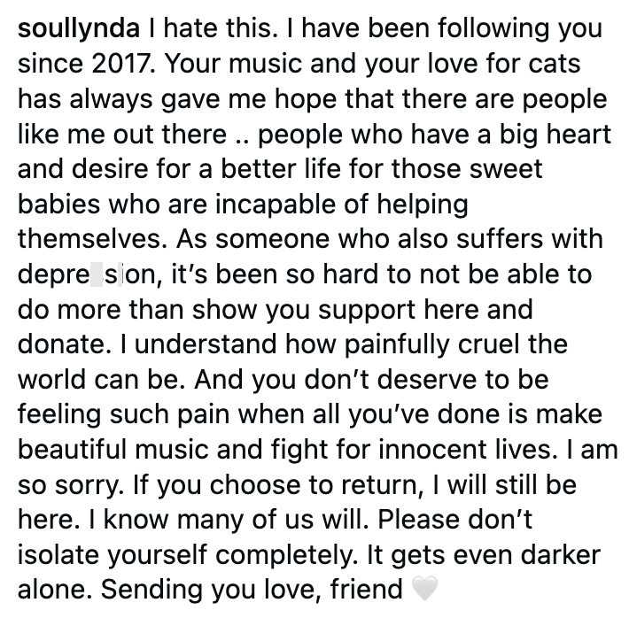 soullynda I hate this. I have been following you since 2017. Your music and your love for cats has always gave me hope that there are people like me out there.. people who have a big heart and desire for a better life for those sweet babies who are incapable of helping themselves. As someone who also suffers with depresion, it's been so hard to not be able to do more than show you support here and donate. I understand how painfully cruel the world can be. And you don't deserve to be feeling such
