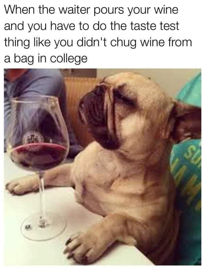 When the waiter pours your wine and you have to do the taste test thing like you didn't chug wine from a bag in college SU
