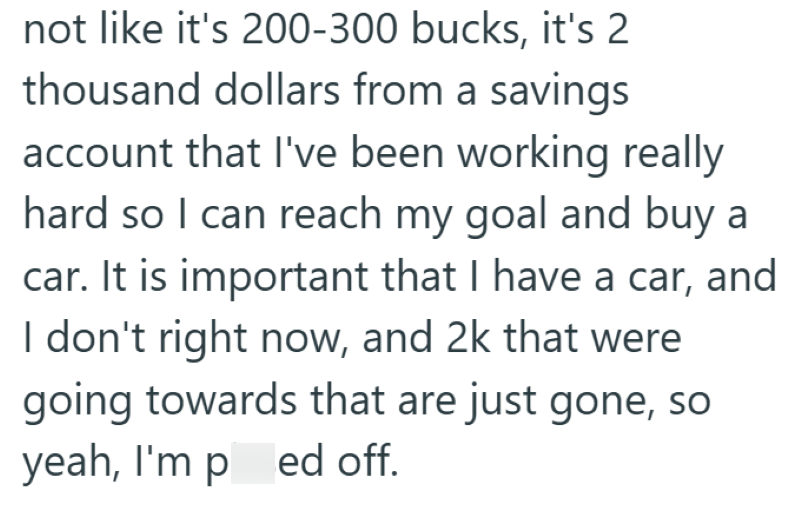 not like it's 200-300 bucks, it's 2 thousand dollars from a savings account that I've been working really hard so I can reach my goal and buy a car. It is important that I have a car, and I don't right now, and 2k that were going towards that are just gone, so yeah, I'm pred off.