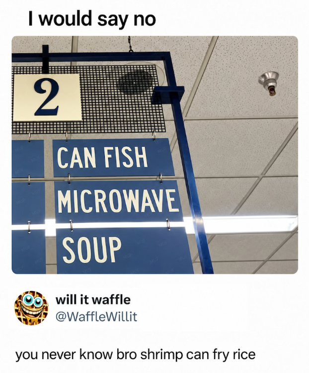 MUF I would say no 2 CAN FISH MICROWAVE SOUP MUF MUF will it waffle @WaffleWillit you never know bro shrimp can fry rice