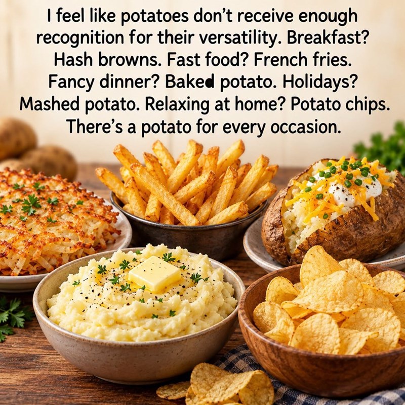 I feel like potatoes don't receive enough recognition for their versatility. Breakfast? Hash browns. Fast food? French fries. Fancy dinner? Baked potato. Holidays? Mashed potato. Relaxing at home? Potato chips. There's a potato for every occasion.