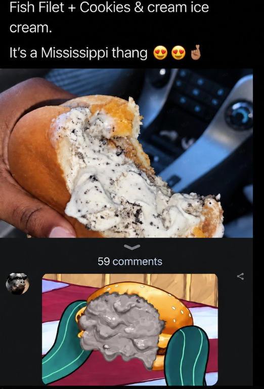 Fish Filet + Cookies & cream ice cream. It's a Mississippi thang 59 comments