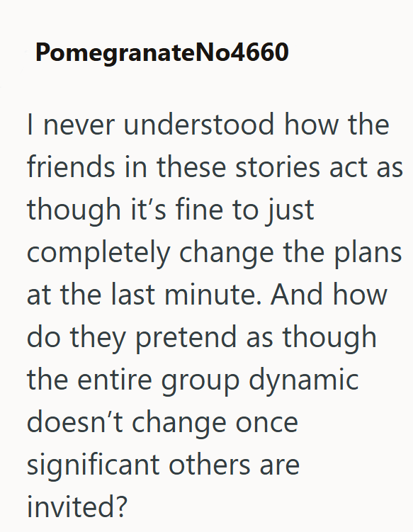 Pomegranate No4660 I never understood how the friends in these stories act as though it's fine to just completely change the plans at the last minute. And how do they pretend as though the entire group dynamic doesn't change once significant others are invited?