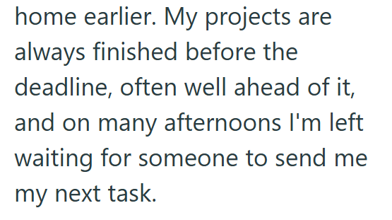 home earlier. My projects are always finished before the deadline, often well ahead of it, and on many afternoons I'm left waiting for someone to send me my next task.