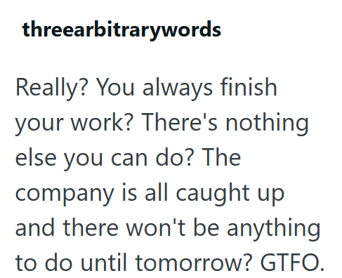 threearbitrarywords Really? You always finish your work? There's nothing else you can do? The company is all caught up and there won't be anything to do until tomorrow? GTFO.