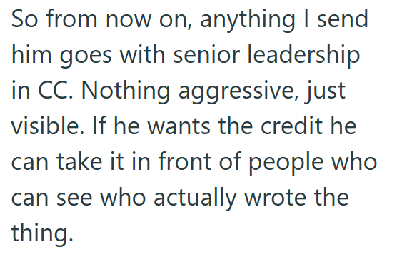 So from now on, anything I send him goes with senior leadership in CC. Nothing aggressive, just visible. If he wants the credit he can take it in front of people who can see who actually wrote the thing.
