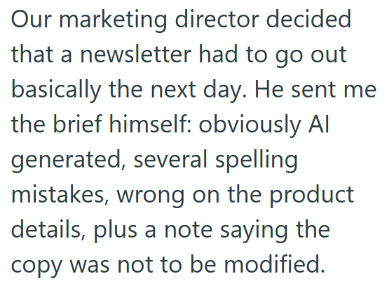 Our marketing director decided that a newsletter had to go out basically the next day. He sent me the brief himself: obviously Al generated, several spelling mistakes, wrong on the product details, plus a note saying the copy was not to be modified.