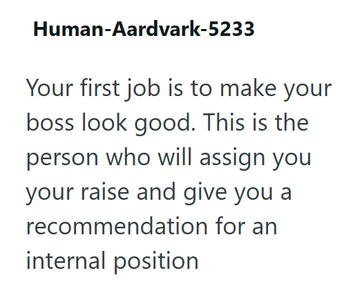 Human-Aardvark-5233 Your first job is to make your boss look good. This is the person who will assign you your raise and give you a recommendation for an internal position
